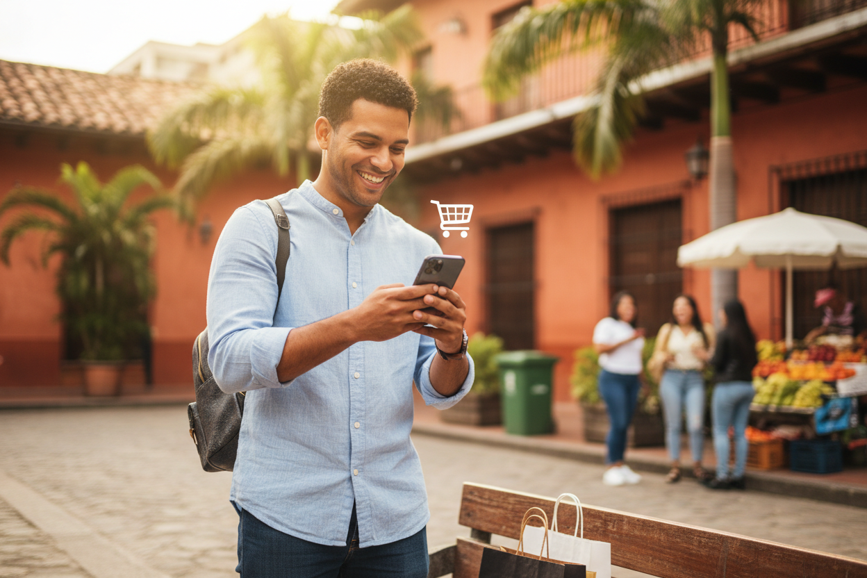 persona de colombia sonriendo, comprando por celular 